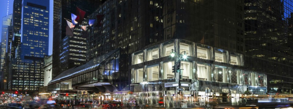 Exterior of city building at night